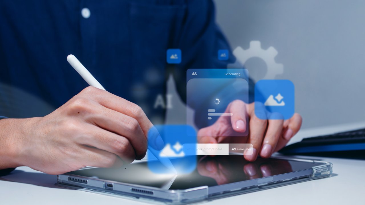 Hand using a stylus on a tablet with AI image-generation interface overlays
