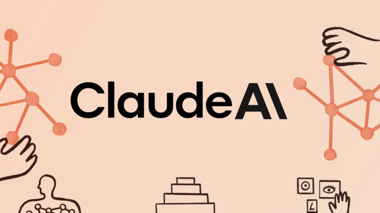 The Claude AI wordmark surrounded by hand-drawn network diagrams and figures on a peach background