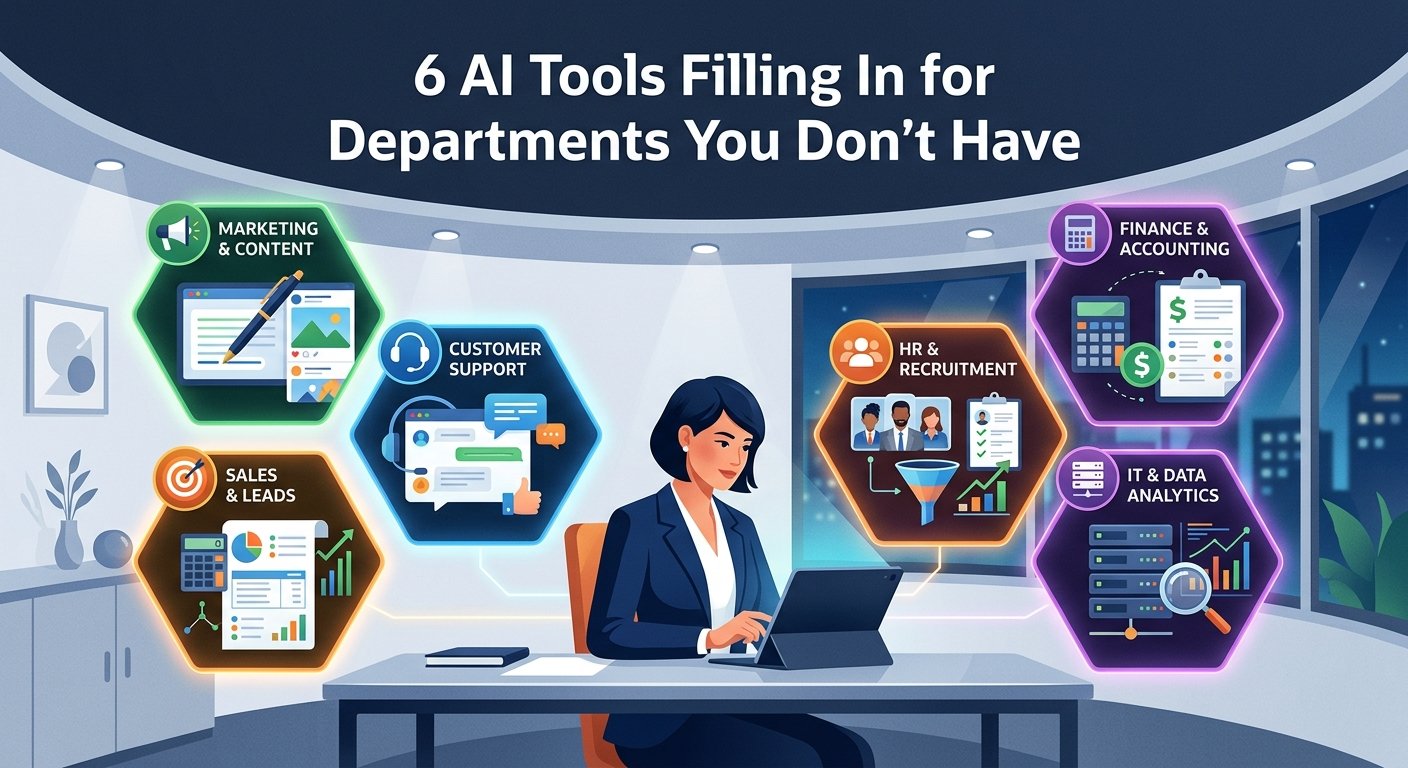 Illustration of a businesswoman at a laptop surrounded by icons for marketing, customer support, sales, HR, finance and IT